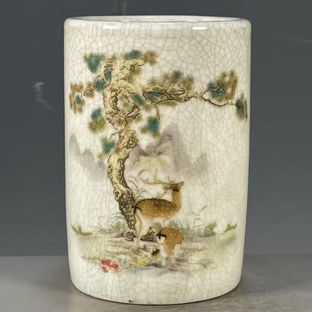 中国茶器 亀裂模様 鹿と松の絵柄