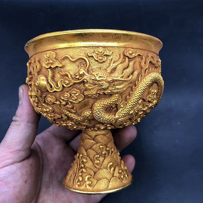 双龍戯珠杯 銅器 稀少品 茶道具 重厚 極細工 工芸品 美術品 置物 仏事