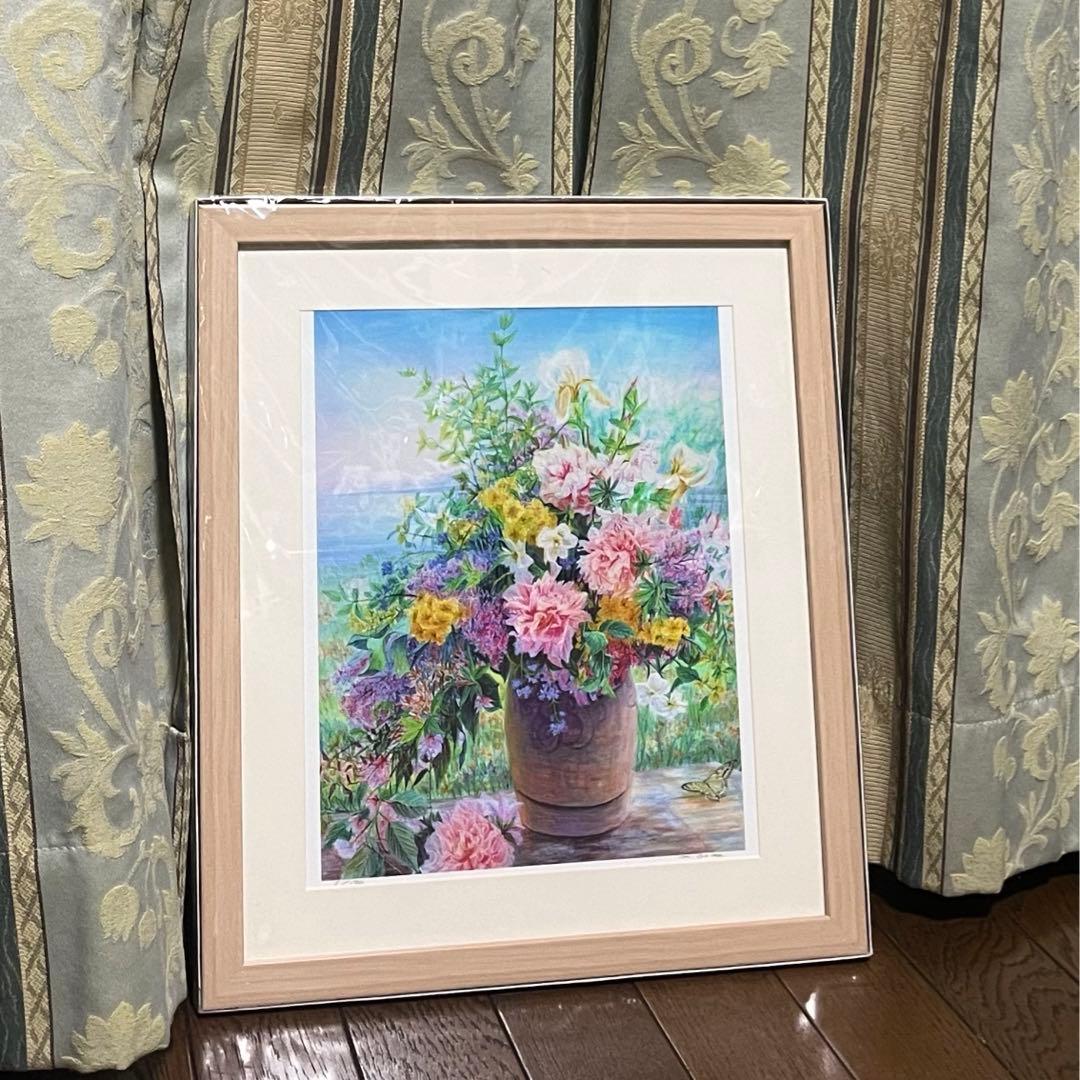 額装 湖畔の花 アメリカで版画化　絵　花　絵画