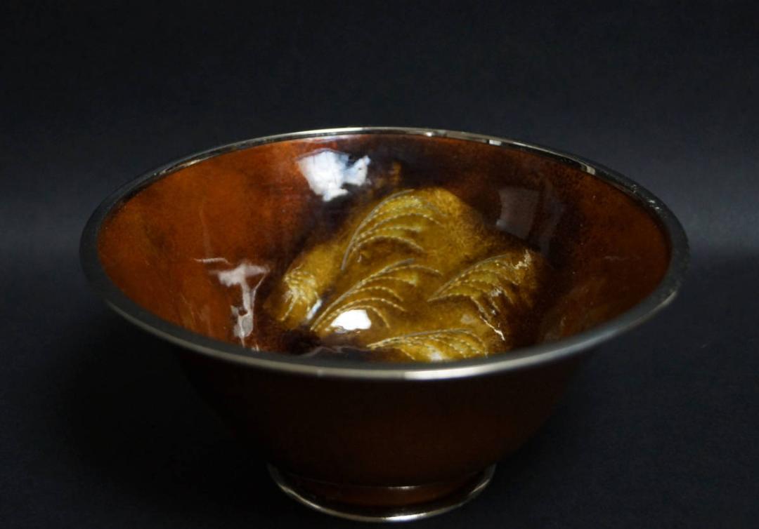 銅製 七宝 安藤七宝店 宇野作『秋風文』銀覆輪付 茶碗 抹茶碗