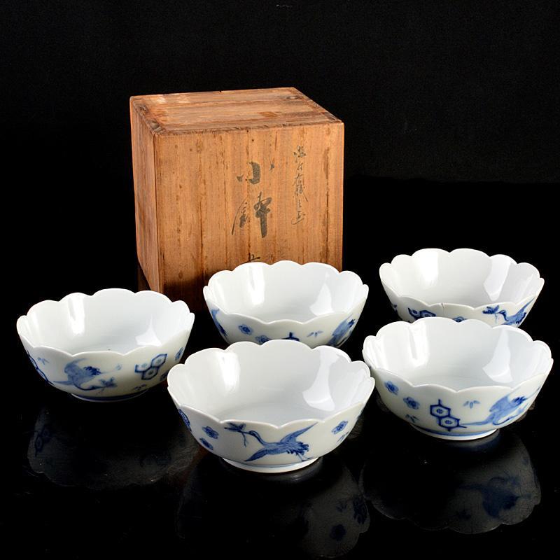 京焼　平安　朝日謹製　染付　鳥花文　小鉢　5客　共箱　C　6034