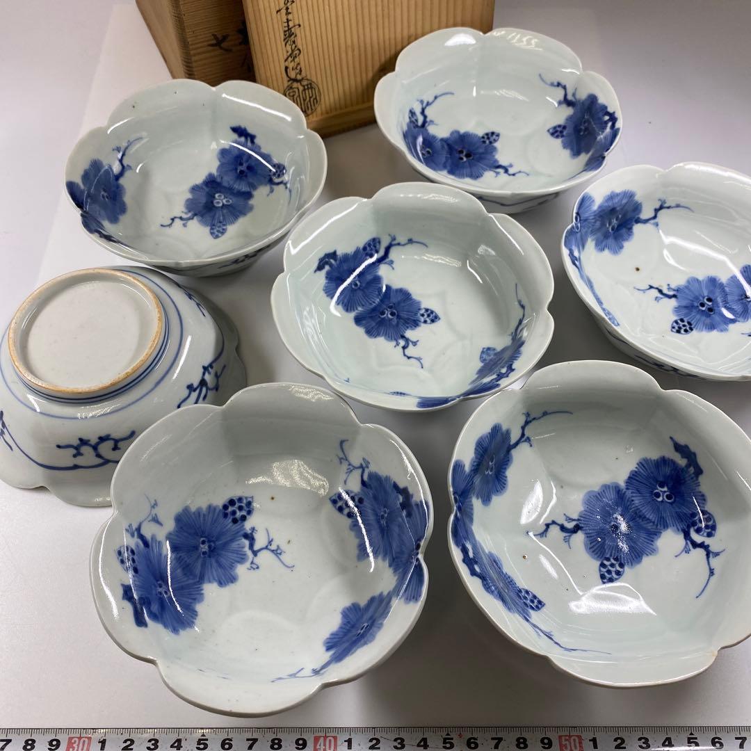 江戸後期　古伊万里　梅花形小鉢7客　木箱付　幅約14㎝　東Y6-1120☆2F