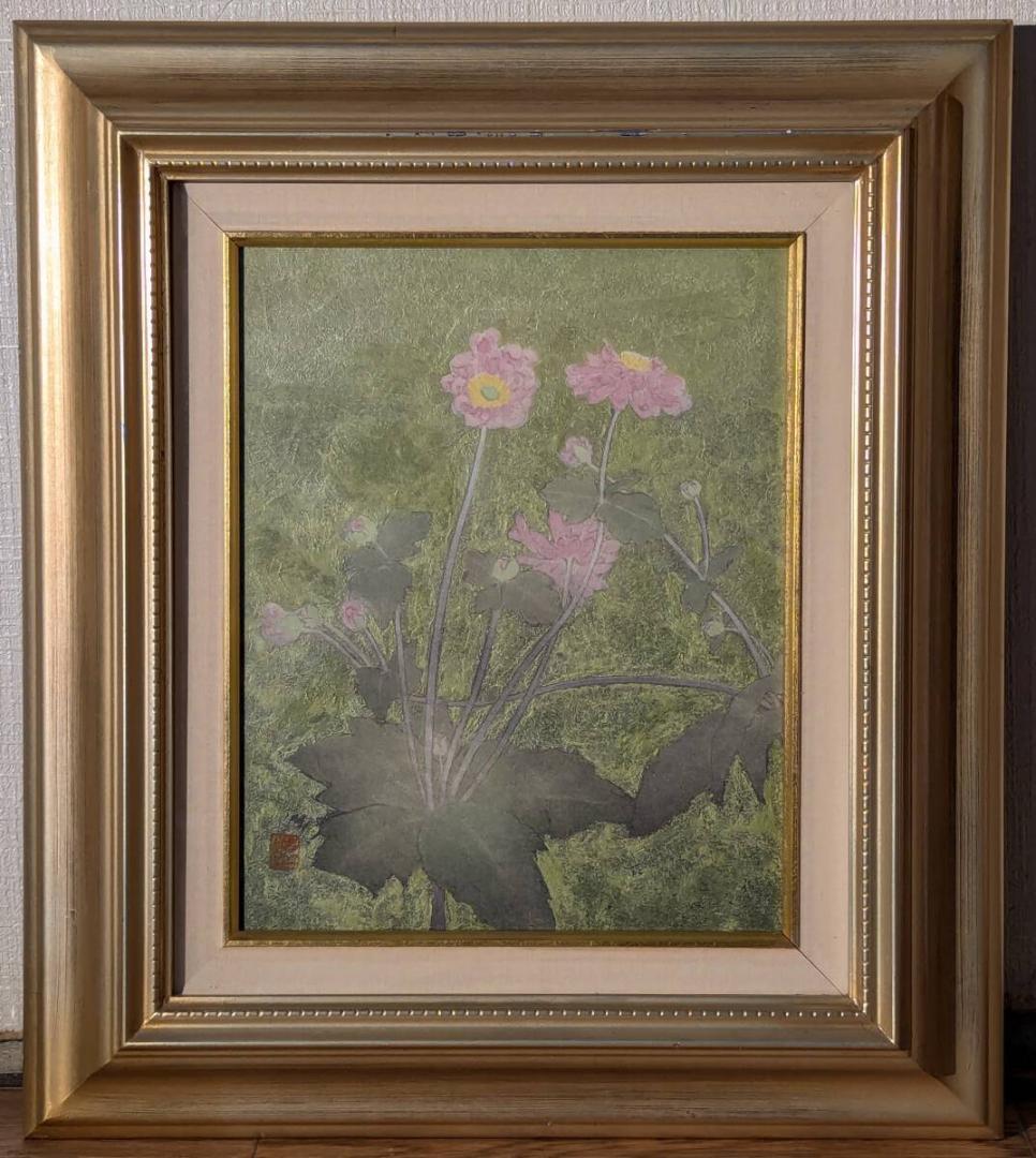 【真作】絵画　日本画3号　花　静けさの中で咲く優美な花々の物語　U23